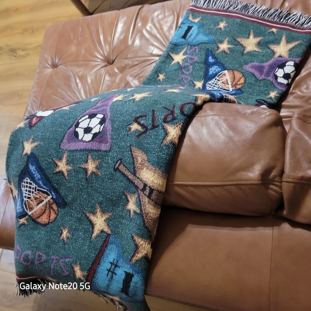 Green Sports-Themed Woven Throw with Multicolor Motifs